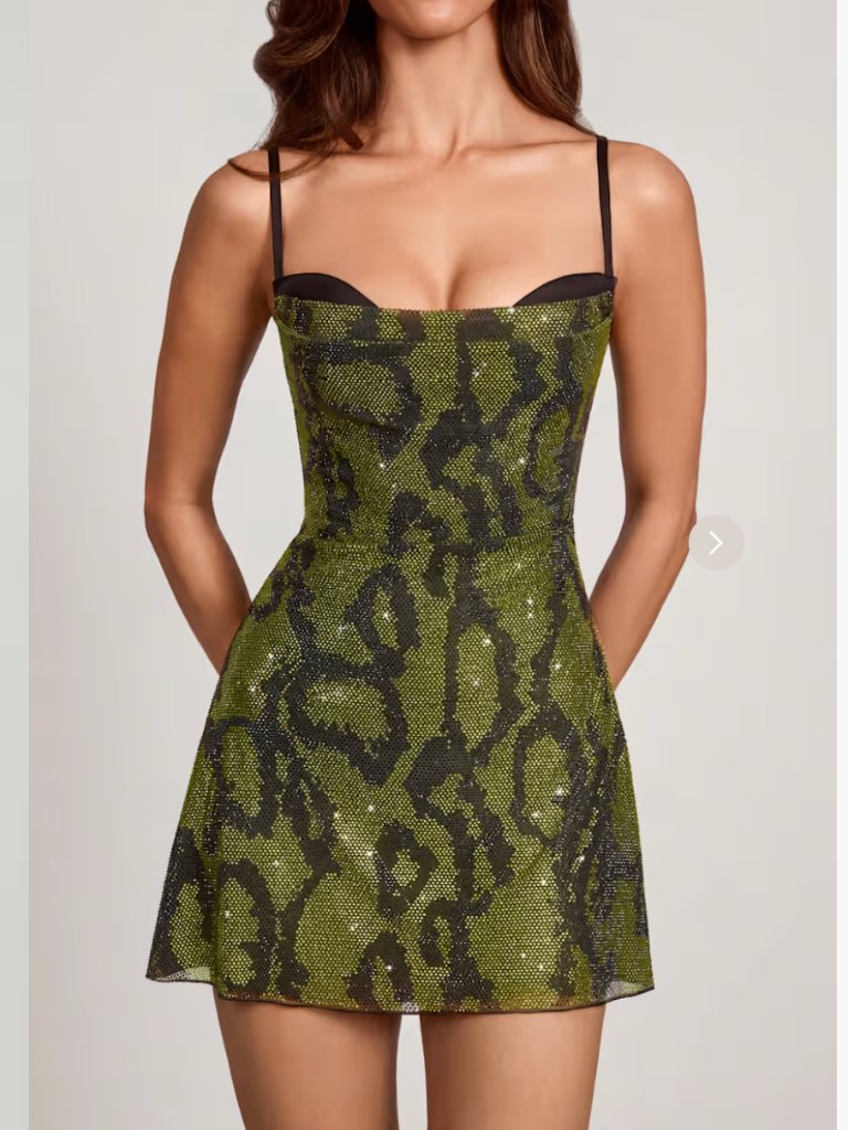 Oh Polly Dianora Embellished Cowl Neck A-Line Mini Dress In Green Snake
